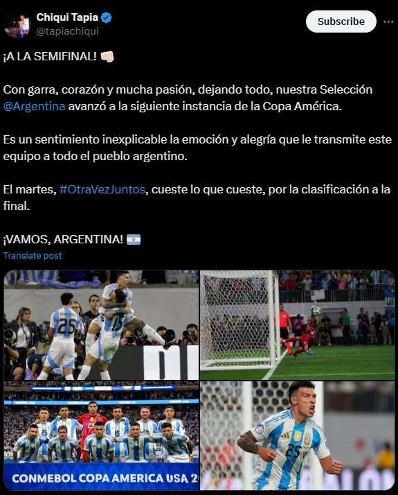 阿根廷足協主席塔皮亞社媒：憑借勇氣&決心&激情，我們晉級4強！