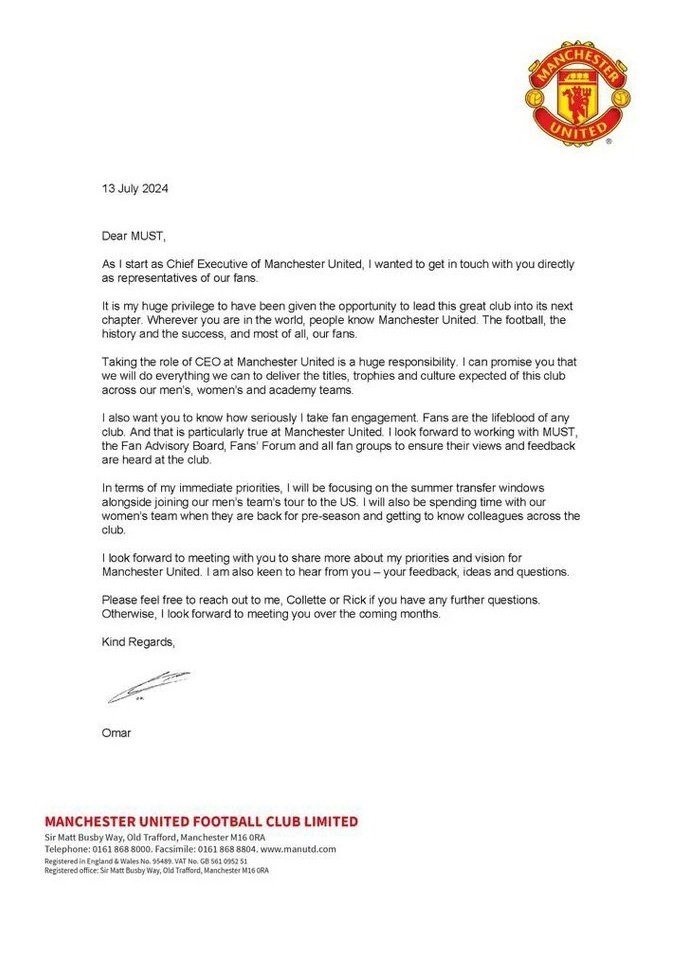 曼聯CEO貝拉達致信球迷：很榮幸帶領這傢偉大俱樂部進入新篇章