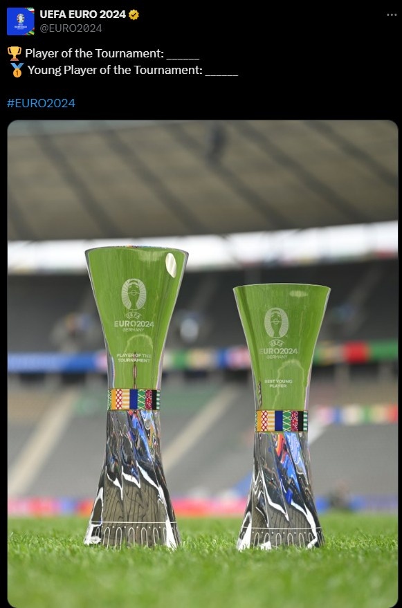 誰將獲此殊榮？歐洲杯官推曬最佳球員&最佳年輕球員獎杯照片